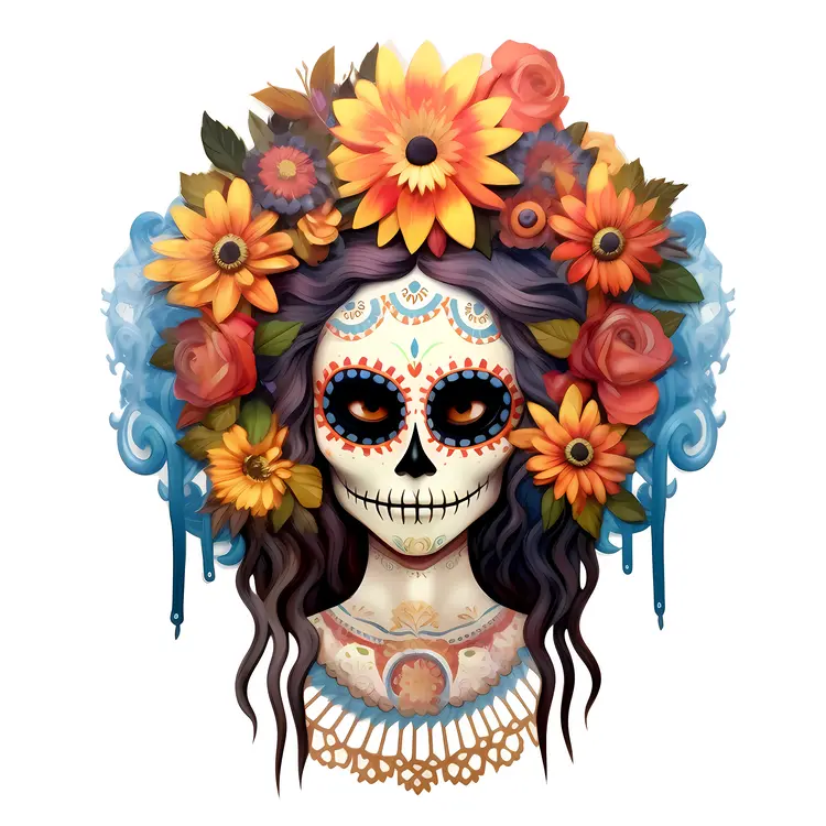 Colorful Sugar Skull with Flowers for Day of the Dead Celebration