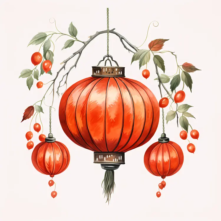 Three Red Lanterns with Berries for Chinese New Year