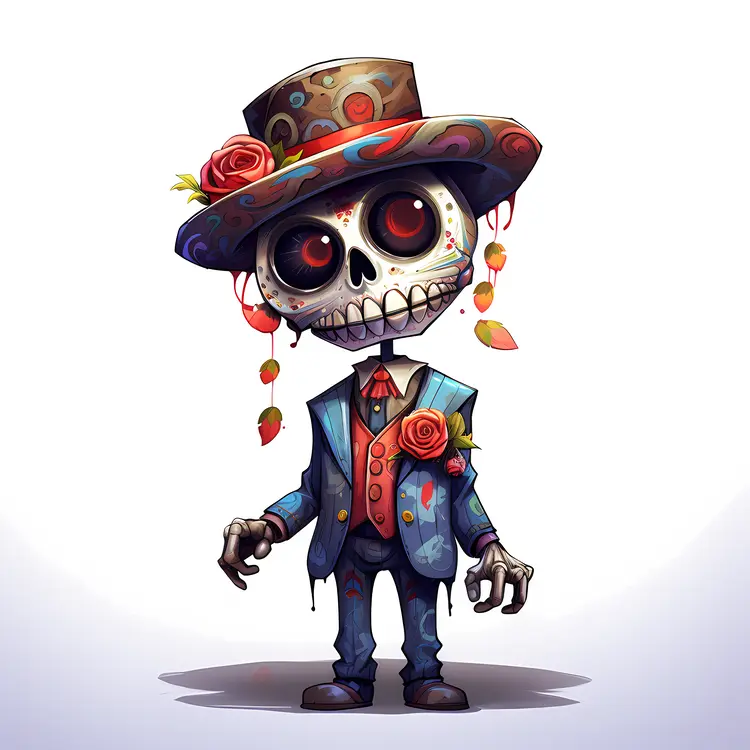 Cute Sugar Skull with Hat and Roses