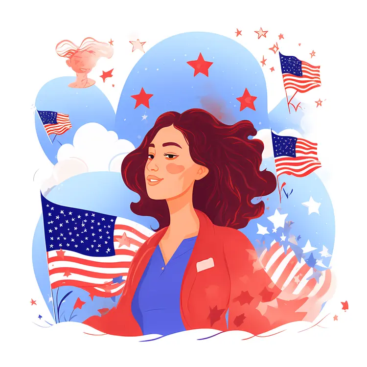 Patriotic Woman with American Flags