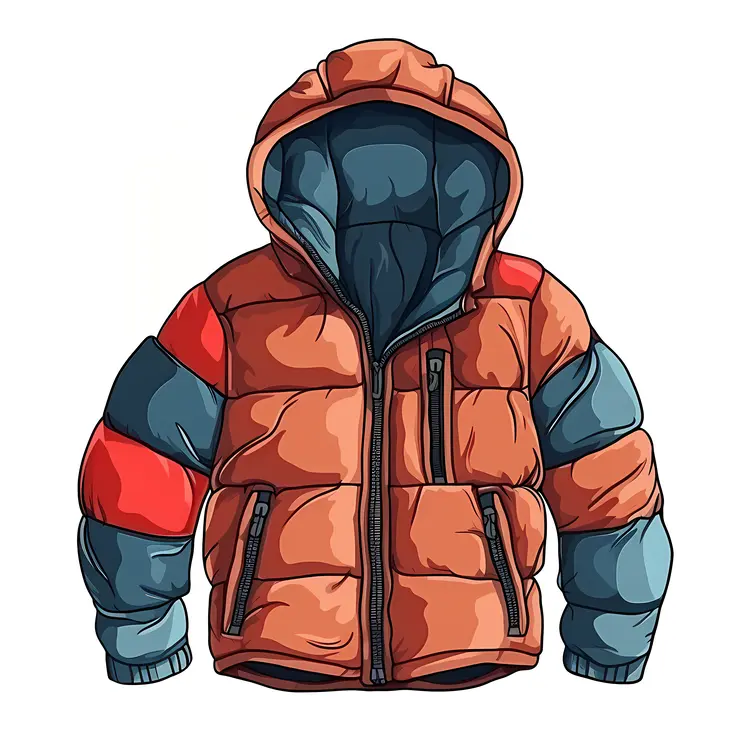 Orange and Blue Puffer Jacket with Hood