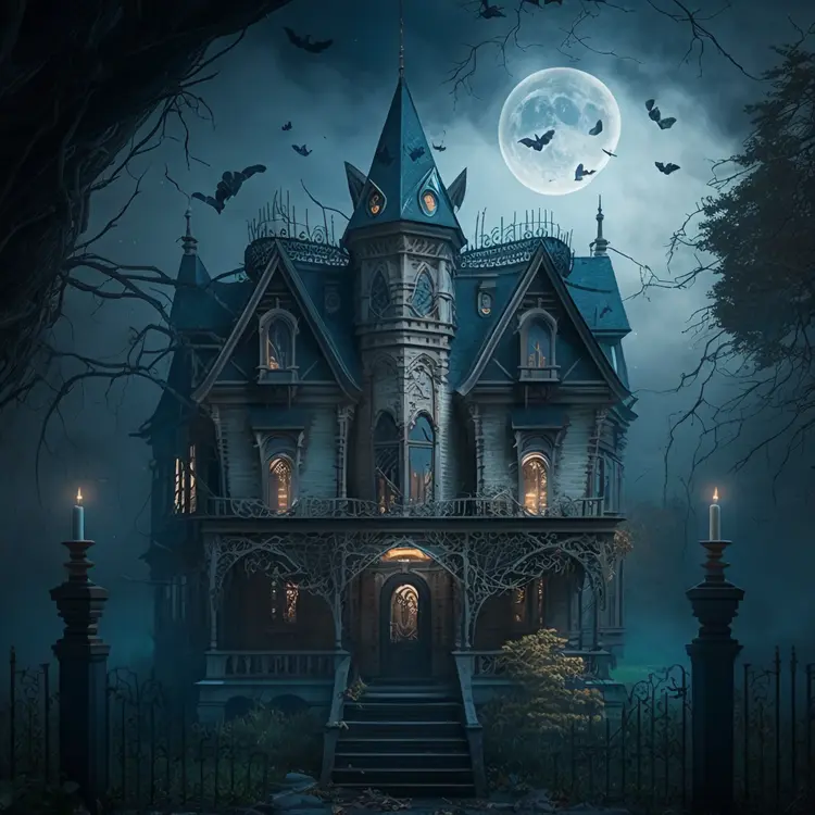 Spooky Haunted House with Full Moon and Bats