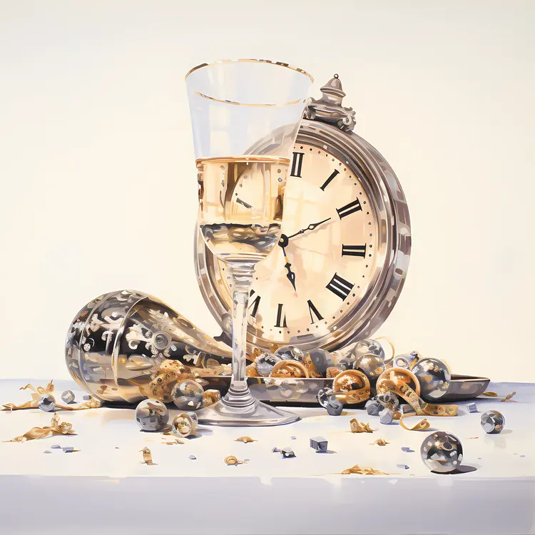Clock and Champagne Glass with Ornaments for New Year