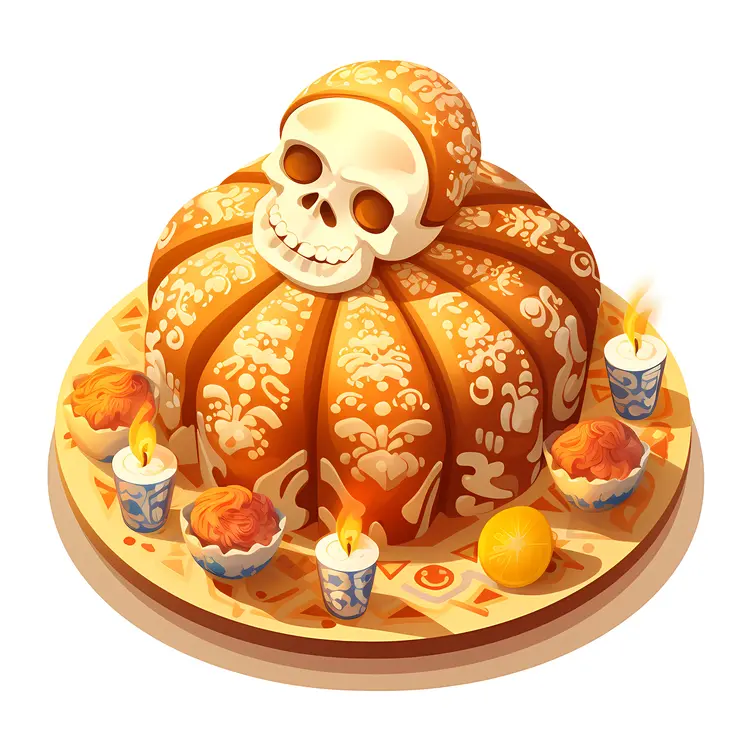 Decorated Bread with Skull and Candles for Day of the Dead