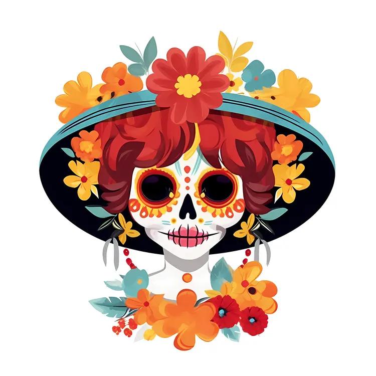 Colorful Sugar Skull with Flowers for Day of the Dead Celebration