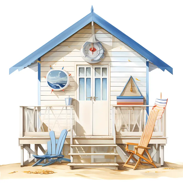 Cozy Beach House with Blue Roof and Wooden Chairs