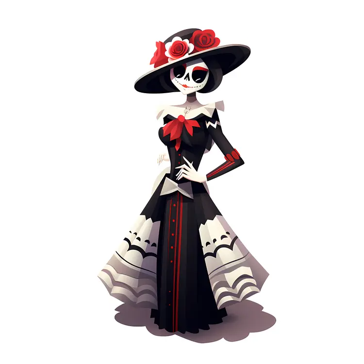Elegant Skeleton Lady in Black Dress
