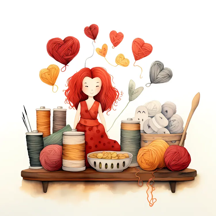Girl with Red Hair and Yarn Balls