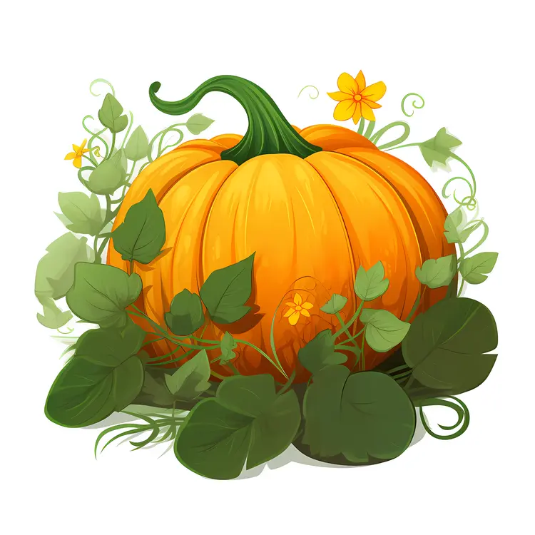 Orange Pumpkin with Green Leaves and Vines