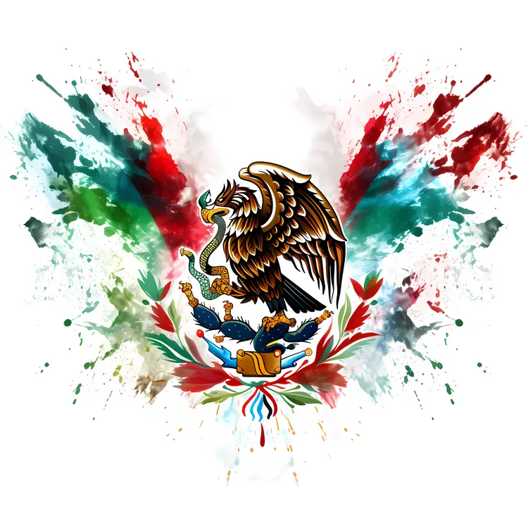 Artistic Mexican Emblem with Eagle and Serpent