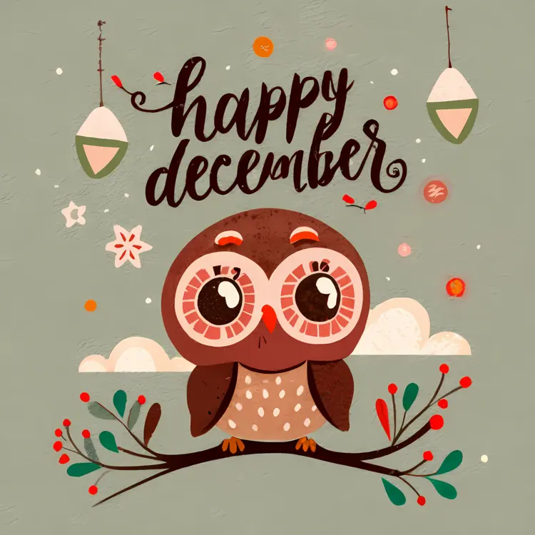 Cute Owl with Branches and Lanterns