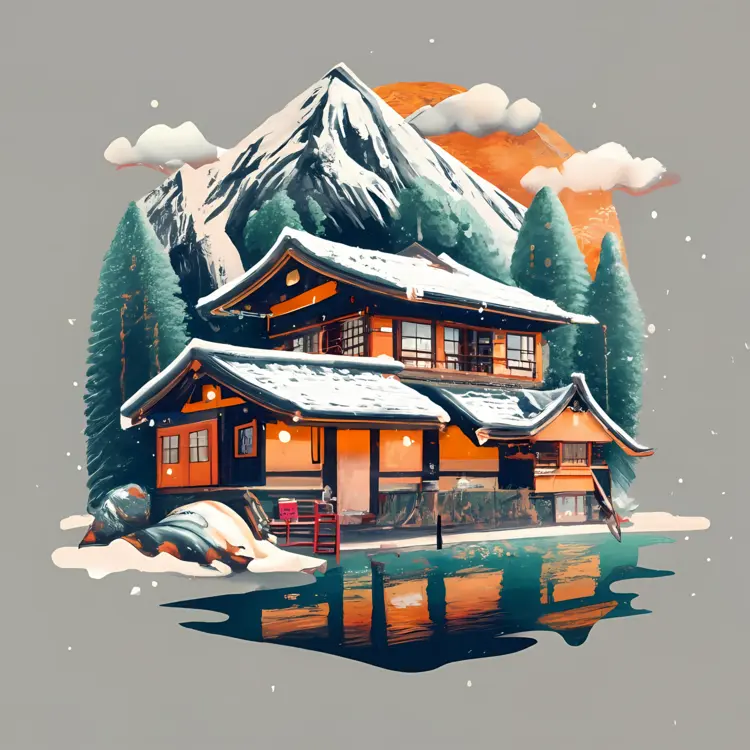 Snowy Japanese House with Mountain Reflection