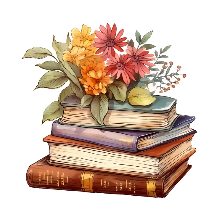 Stack of Books with Colorful Flowers
