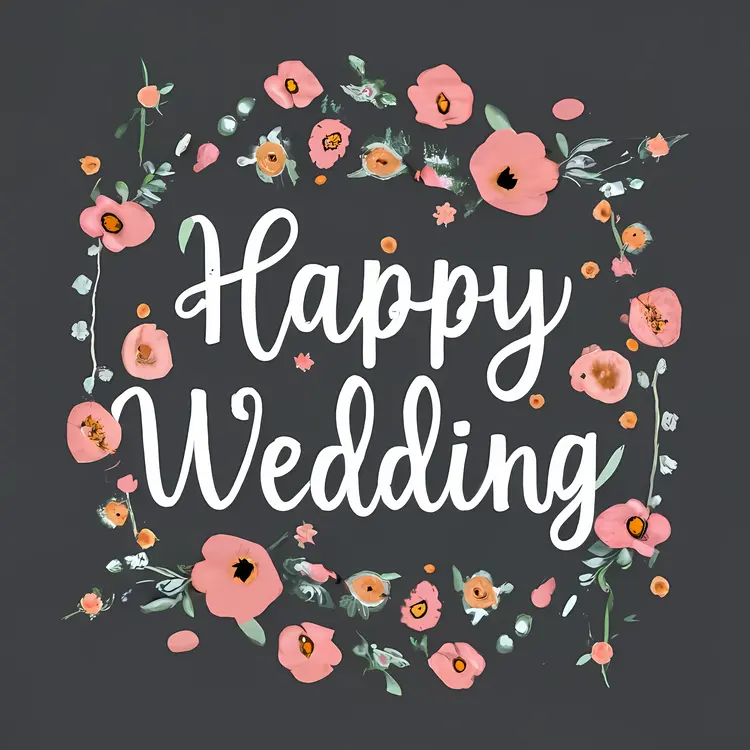 Happy Wedding Text with Dark Background and Floral Design