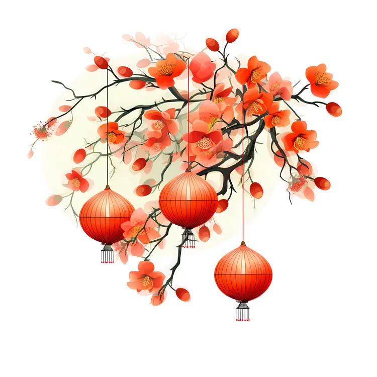 Beautiful Red Lanterns Hanging on Cherry Blossom Branches