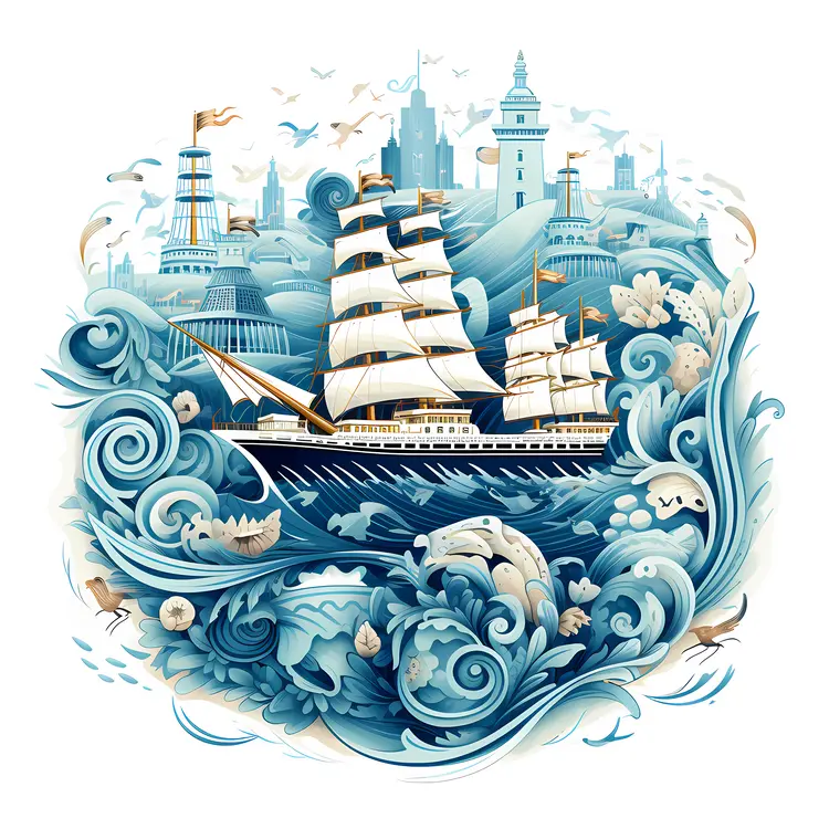 Sailing Ship with Cityscape Background