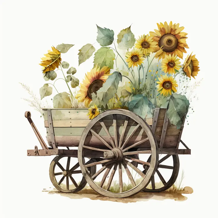 Rustic Wooden Cart with Sunflowers