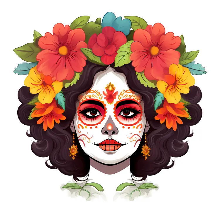 Colorful Sugar Skull with Floral Headpiece for Day of the Dead Celebration