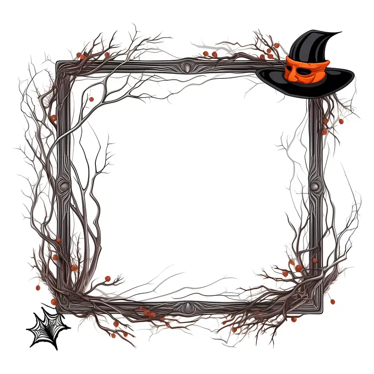 Halloween Frame with Witch Hat and Spider Web
