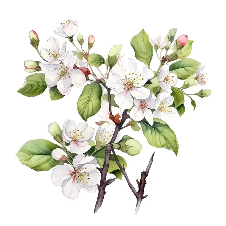 Apple Blossoms with Leaves and Pink Buds