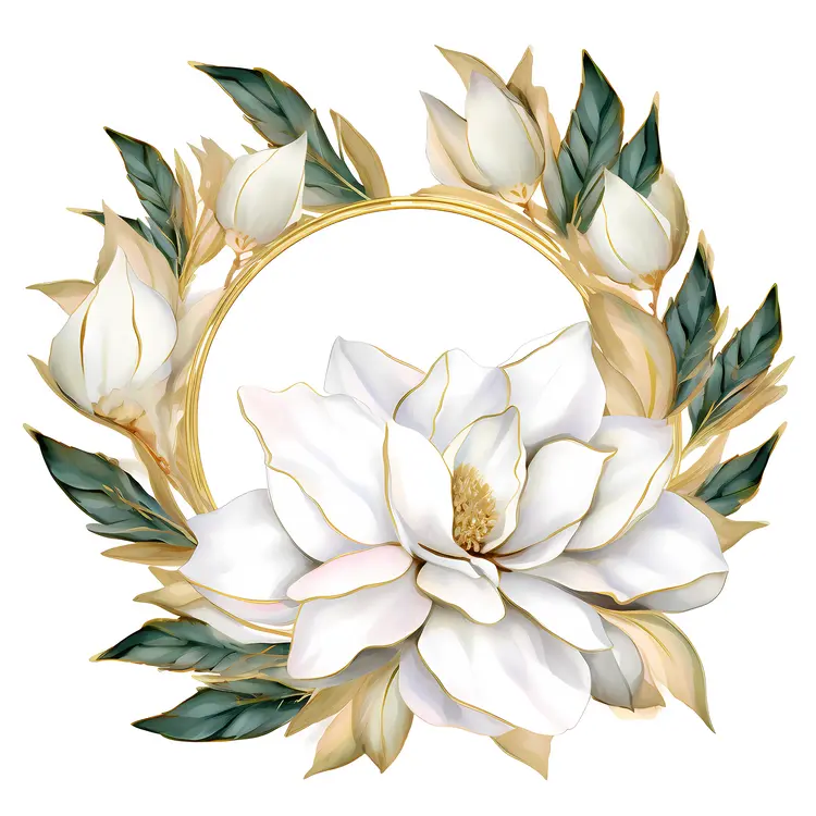 Elegant White Floral Wreath with Green Leaves and Golden Accents