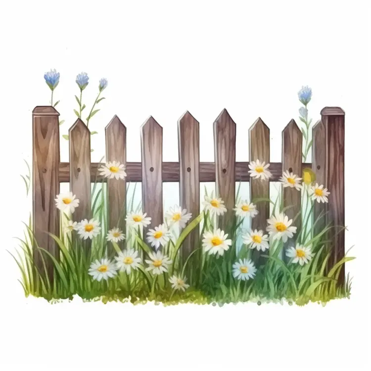 Daisies and Blue Flowers by a Wooden Fence