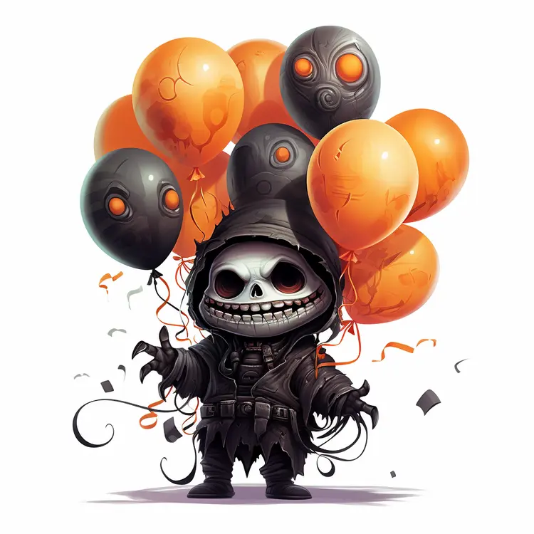 Hooded Skeleton with Halloween Balloons
