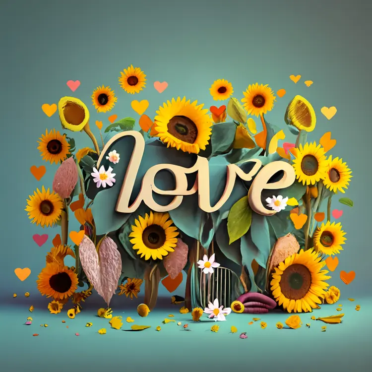 Love Typography with Sunflowers and Hearts