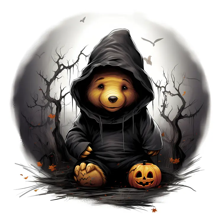 Teddy Bear in Black Hood with Pumpkin for Halloween
