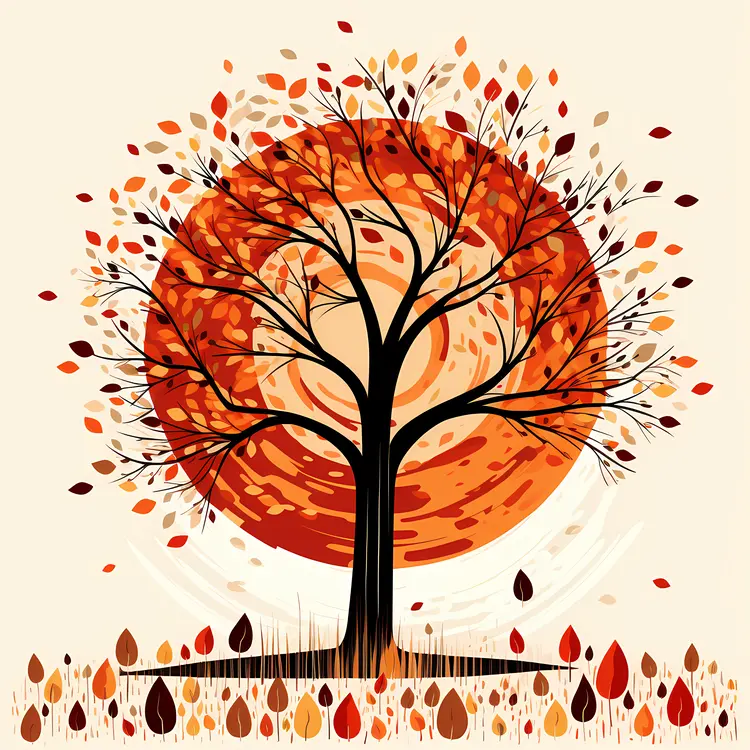 Autumn Tree with Falling Leaves and Sun