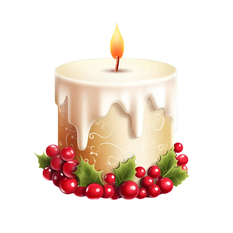 White Candle with Red Berries and Green Leaves