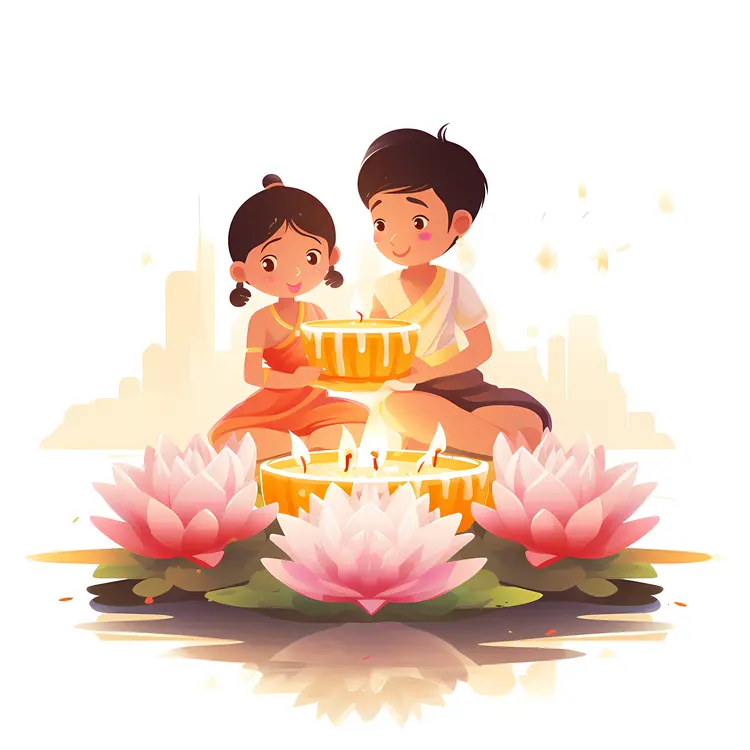 Children Celebrating Loy Krathong with Floating Lanterns