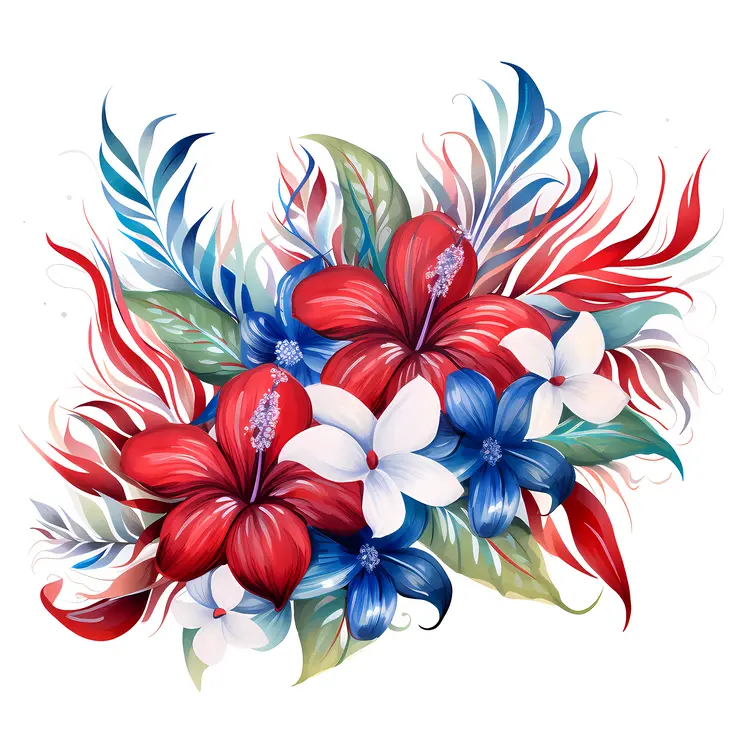 Artistic Red and Blue Flowers with Leaves
