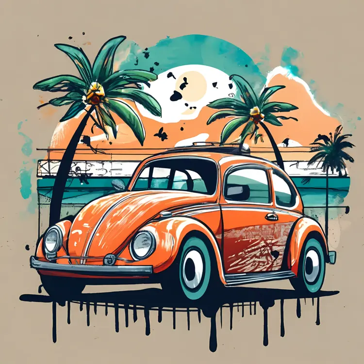 Retro Orange Car with Palm Trees