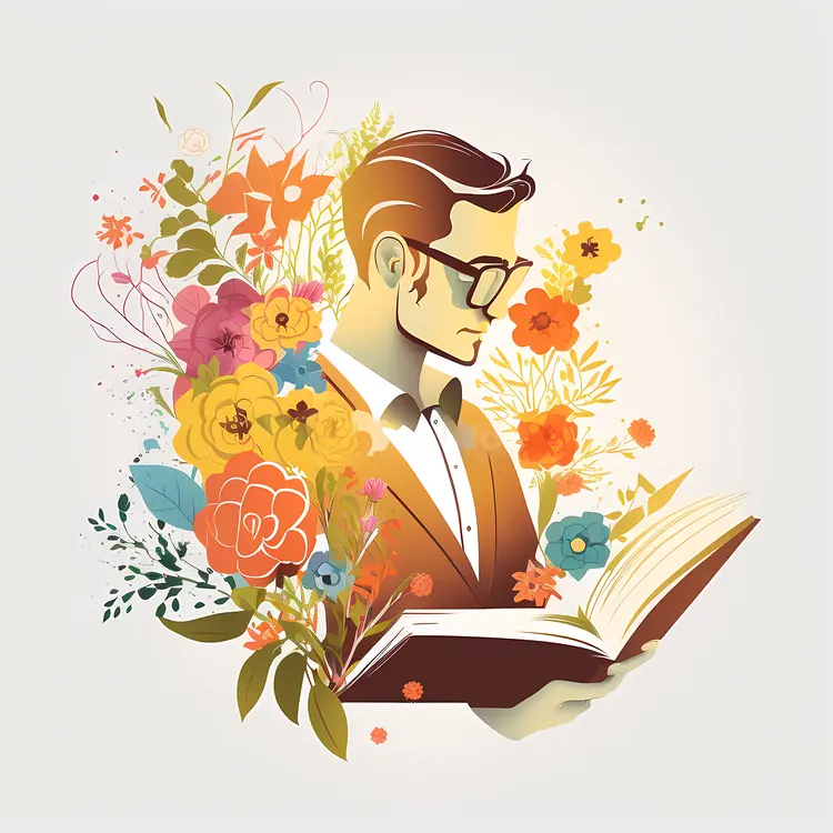 Man Reading Book with Floral Background