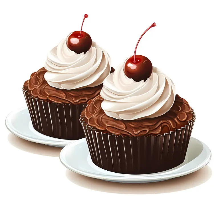 Chocolate Cupcakes with Cherries on Plates