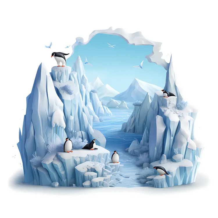 Penguins and Icebergs in Winter Landscape