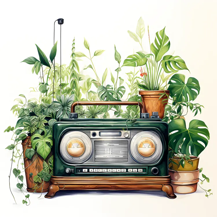 Vintage Radio with Potted Plants