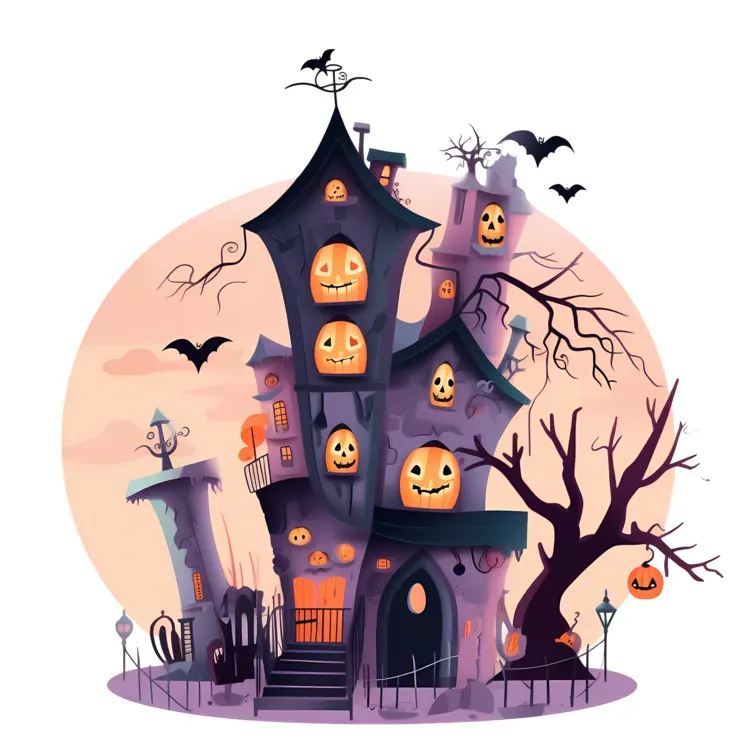 Tall Haunted House with Jack-o'-Lanterns