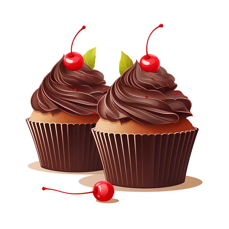 Two Chocolate Cupcakes with Cherries and Leaves