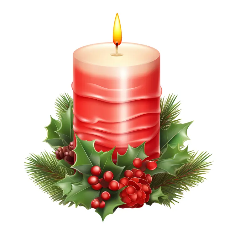 Red Christmas Candle with Holly and Pine