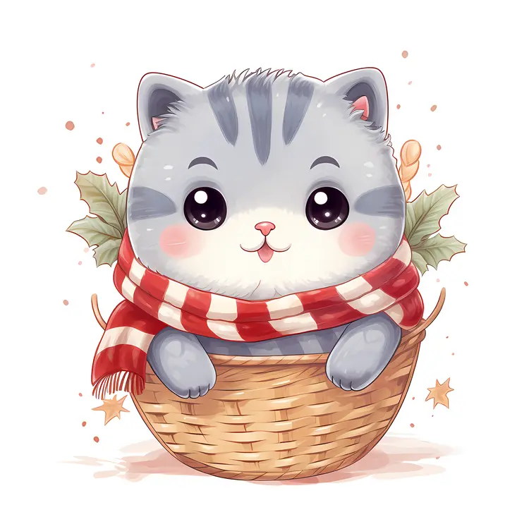 Cute Kitten in Red and White Scarf in Basket