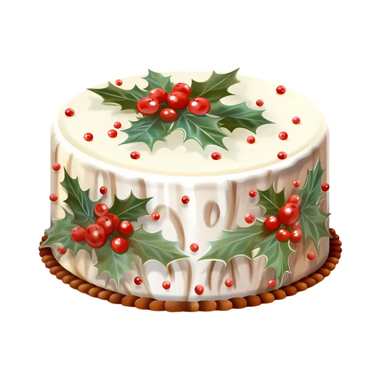 Christmas Cake with Holly Leaves and Berries
