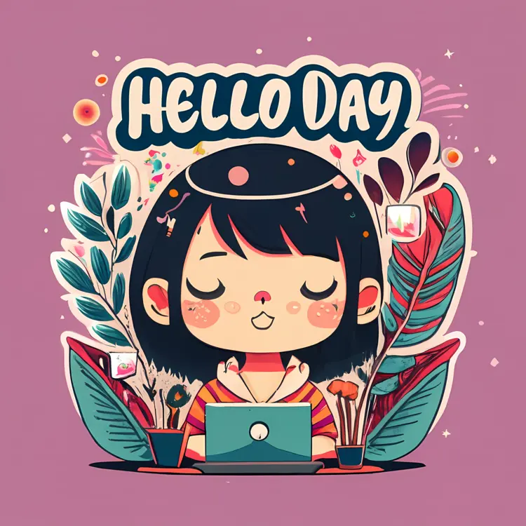 Cute Girl with Laptop Celebrating Hello Day
