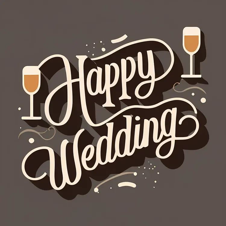 Happy Wedding Text with Champagne Glasses
