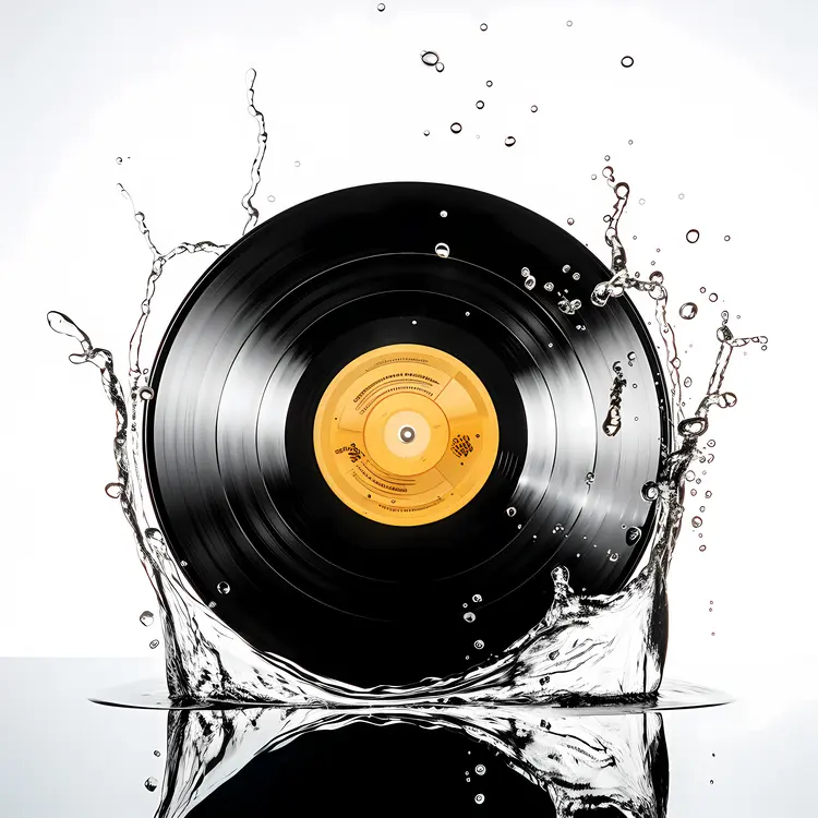 Black Vinyl Record with Yellow Label in Water Splash