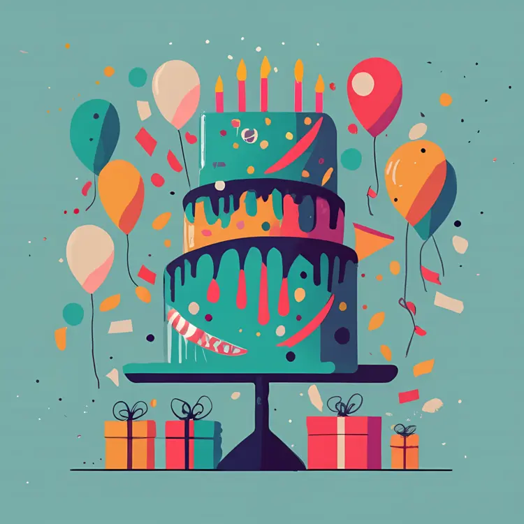 Colorful Birthday Cake with Candles and Balloons