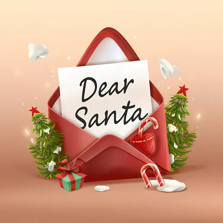 Dear Santa Letter in Red Envelope with Christmas Trees and Candy Canes