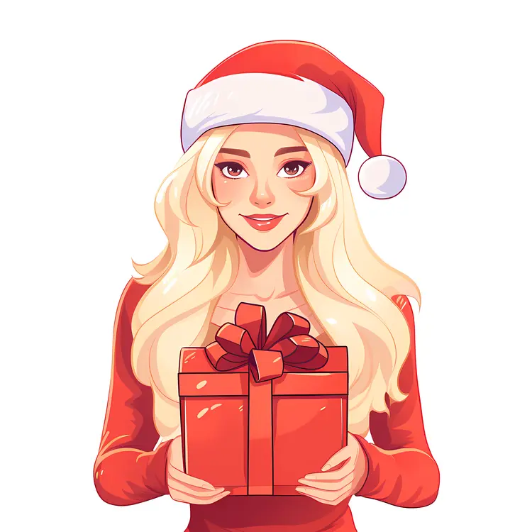 Blonde Girl with Gift Box in Santa Hat