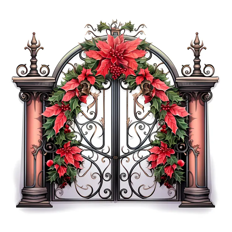 Decorated Gate with Poinsettia and Bow for Christmas